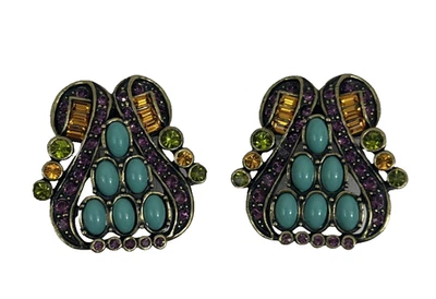 Heidi Daus Owls Clip-On Earrings Crystals Turquoise Purple Gold NEW 1" - Image 1 of 4