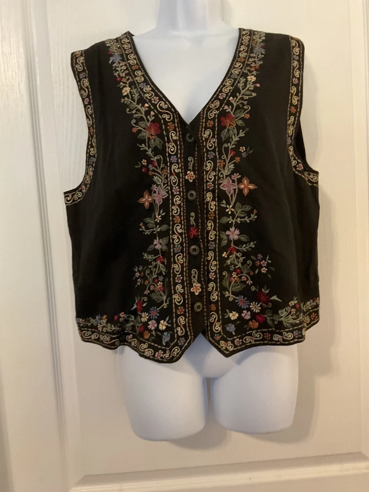 Paul Harris Designs Embroidered Floral Button Front Vest Size L Vintage -B8 - Image 1 of 4