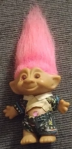 Vintage 1991 Ace Novelty Troll Doll – 4.25” Pink Hair, Gem Belly, Pattern Outfit - Picture 1 of 5