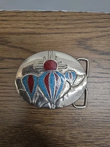 SILVER TONE INLAID TURQUOISE CORAL HOT AIR BALLOONS BELT BUCKLE - Picture 1 of 8