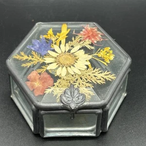 Hexagon Trinket Jewelry Box Leaded Glass Pressed Dried Flowers Florals - Picture 1 of 9