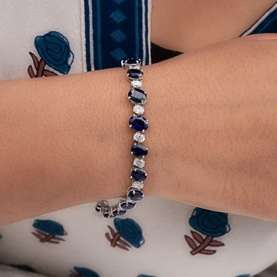 23.16 TCW Natürlich Si / H Diamant Blauer Saphir Oval Armband Gift 18k Weiss - Bild 1 von 4