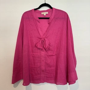 Camicetta Michael Kors rosa misto lino scollo a V manica lunga taglia 1X - Foto 1 di 8