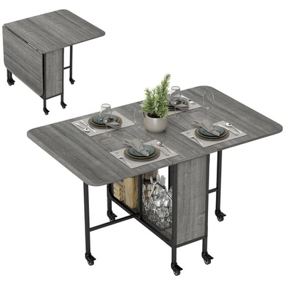 HOMCOM Mobile Drop Leaf Dining Table on Wheels with Storage Shelf Grey - Image 1 of 4