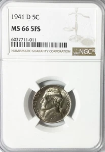 1941 D 5c Jefferson Nickel Five Cents NGC MS66 5FS BU Denver - Picture 1 of 3