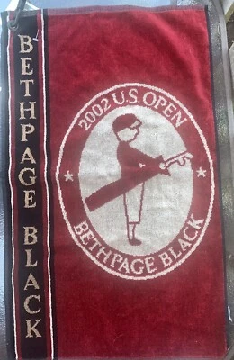 2002 US Open Bethpage NY toalha de golfe tecida 25” x 15 etiquetas madeira de tigre - Nova - Imagem 1 de 4