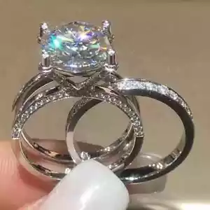 Natural Moissanite 2 Ct Round Cut Wedding Bridal Ring Set 14K White Gold Plated - Picture 1 of 5