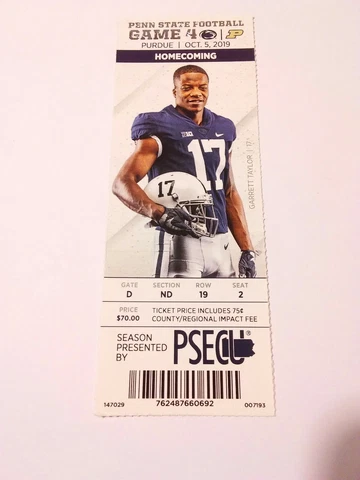 2019 Penn State Nittany Lions vs Purdue Football Ticket Stub Cover
