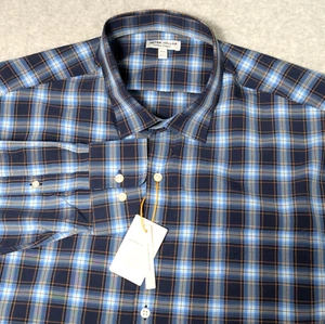 Camisa Peter Millar Verano Cómoda Botón Para Hombres 2XL UPF Manga Larga Azul Marino A Cuadros Nueva - Imagen 1 de 12