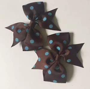 New! (2) Bows Custom Made Boutique Bows Brown Blue Polkadot - Picture 1 of 7