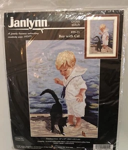 JANLYNN Counted Cross Stitch Kit Boy with Cat 29-21 Nancy Cole 1997 - Picture 1 of 1