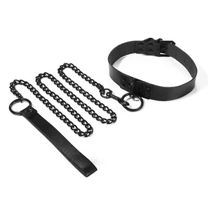Women's Gothic Leather Collar Choker Necklace with Detachable Leash Rope Chain - Picture 1 of 6