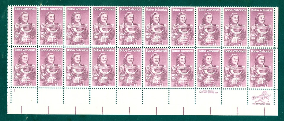 US Scott 1932 Babe Zaharias Golf Great, Plate #1 Block/20, Mint NH - Image 1 of 1