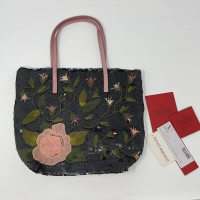 Bolso de Mano VALENTINO Garavani Lentejuelas Ricamo Lentejuelas Negro Rosa Gasa Nuevo Y2K De Colección Foto 1 de 4