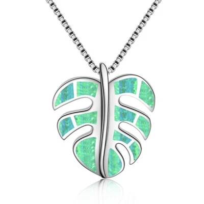 Hawaii Green Fire Opal Monstera Leaf Necklace Silver Filled For Women Girls - Image 1 of 4