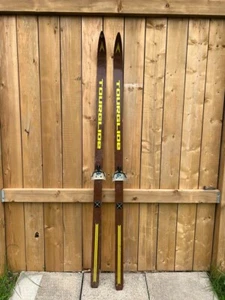 NICE OLD Wooden Snow Skis 66" Long Has BROWN YELLOW Finish Great for Decorating - Picture 1 of 3