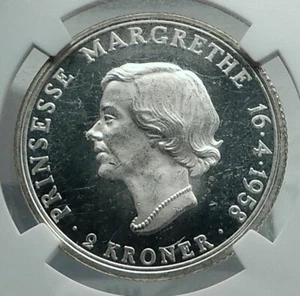 1958 DENMARK Frederick IX Princess Margrethe Genuine Silver 2 Kr Coin NGC i78716 - Picture 1 of 5