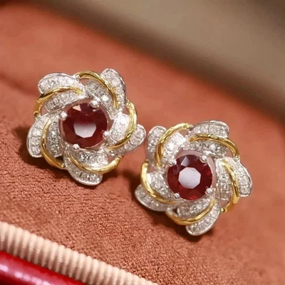 2.00Ct Round Cut Lab-Created Red Ruby Stud Earrings 14K Tow Tone Gold Plated - Image 1 of 4