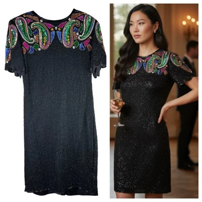 复古 Stenay 连衣裙 12 码大号鸡尾酒晚礼服串珠丝绸黑色派对新年 — 第 1/4 张图片