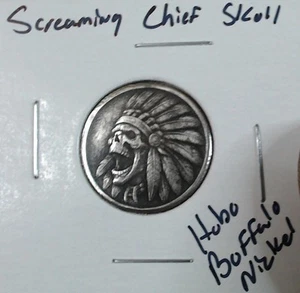 HOBO Screaming Chief Totenkopf Kopfschmuck aus einem echten Büffel Nickel SIGNIERT - Bild 1 von 2