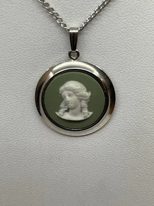 Vintage Wedgwood Sage Green Jasperware Victorian Lady Silvertone Pendant 18” - Picture 1 of 11