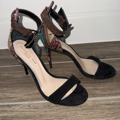 Barbara Bui black suede heels with a patterned Back Heel, Brown ankle strap 38.5 - Image 1 of 4