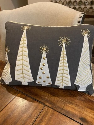Pier 1 Imports Gray Christmas Throw Pillow Ivory Gold Embroidery 12x16.5 Inches - Image 1 of 4