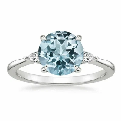 Anillo de compromiso solitario de aguamarina natural y diamantes de oro macizo de 14 k Foto 1 de 3