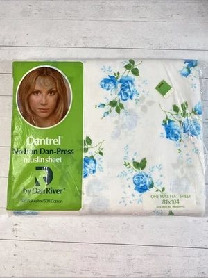 Hoja de muselina Dan River Dantrel de colección hoja plana completa nueva sellada rosas azules #1 Foto 1 de 4