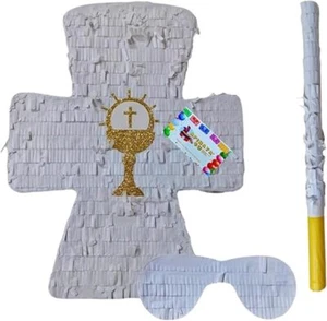 Piñata Cruz Blanca de 20" de Alto con Acentos de Cáliz Dorado para Bautismo o Primera Comuna - Imagen 1 de 4