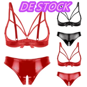 Damen Wetlook Lackleder Dessous Sets BH mit Slips Tanga Erotische Reizwäsche - Bild 1 von 33