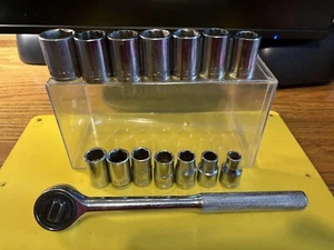 15 JAPAN/TAIWAN 1/2” DRIVE SOCKETS 3/8-7/8”+NICE 1/2” RATCHET USED Lot -15 - Picture 1 of 12