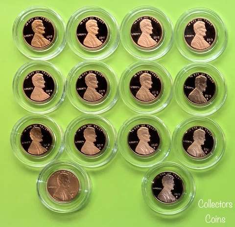2010 - 2022 14 Coin S Lincoln Shield Cent Set with 13 Proofs & 1 Enhanced Uncirc Cover
