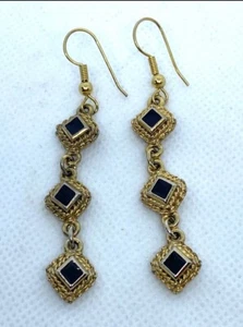 Vtg 1990s Earrings - Three tier dangle / drop - Diamond-shape - Black, Gold-tone - Picture 1 of 4