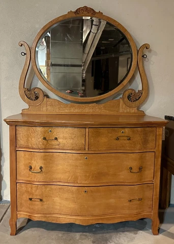 Widdicomb Birdseye Maple Dresser & Beveled Oval Mirror 4 Drawers Late Victorian Cover