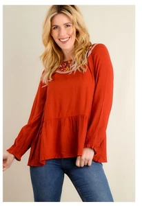 Neu mit Etikett Boutique Jodifl Langarm-Top Bluse Blumen bestickt S M L Burnt Orange  - Bild 1 von 3