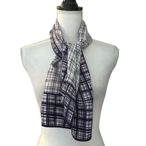 VINTAGE Vera Neumann Navy & White Plaid Window Pane Print Neck Scarf Japan - Picture 1 of 8