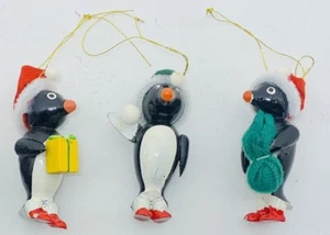 PENGUIN Christmas Ornaments SET of 3 Wood Hand Painted 3” Holiday Hanging Decor - Picture 1 of 1