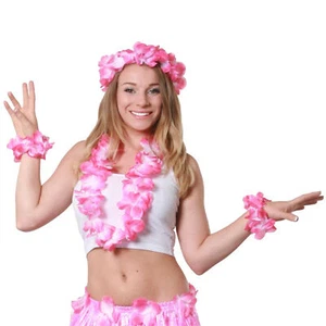 PINK LEI HAWAIIAN GARLAND HULA 4 PIECE FLOWER HEADBAND, NECKLACE & WRISTBAND - Picture 1 of 7