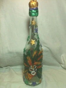 Handmade Decorative & Designed Bottles "Madri Gras Time" 13 1/2"Tall - Picture 1 of 4