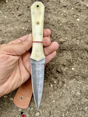 Handmade Damascus Steel Hunting Dagger Double Edged Boot Knife Camel Bone Handle - Image 1 of 3