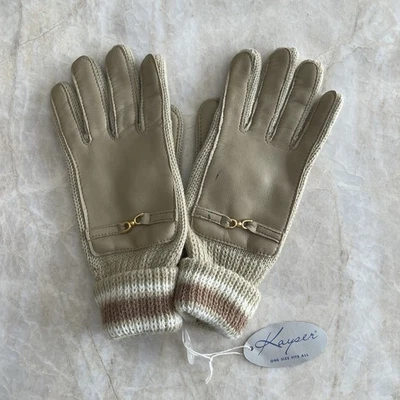 VTG NOS Vinyl Acrylic Knit Driving Stretch Gloves Faux Leather Brown Kayser - Image 1 of 4