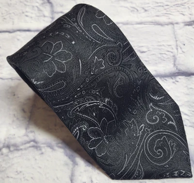 Saddlebred Silk Tie Black Gray Floral Paisley Men Necktie 57 x 3.3/8 - Image 1 of 4
