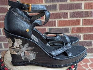 J VINCENT Wedge Leather Sandals -Floral Embroidered-Black- Size 10M - Picture 1 of 12