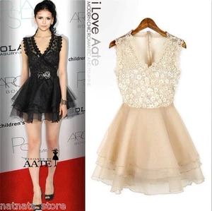 Lolita Gothic Style Chiffon Lace Semi Sheer Dress Ruffle Skirt Black/Cream 3033 - Picture 1 of 14