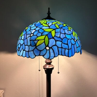 Tiffany Style Floor Lamp Blue Stained Glass Green Leaves LED Bulb 64"H*16"W*16"D - Image 1 of 4