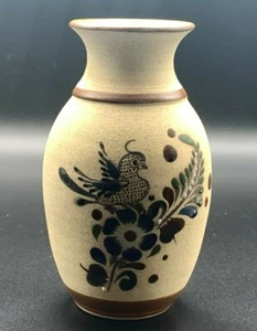 Tonala Mexican Art Pottery Vase Floral With Bird Folk Art Vintage Signed 6.5" - Picture 1 of 7