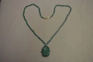 LATE 19C CHINESE TURQUOISE CARVED GOURD PENDANT & BEAD NECKLACE 14K CLASP - Picture 1 of 6