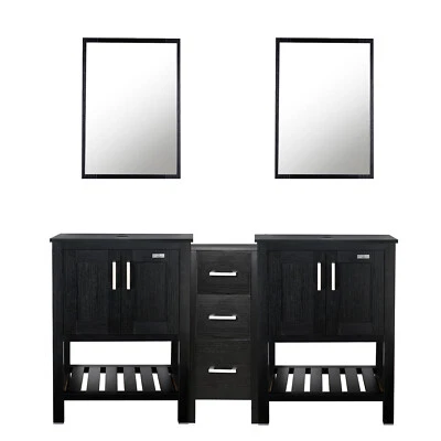 Combo de espejo lavabo lavabo lavabo lavabo lavabo armario lateral negro 60" negro Foto 1 de 4