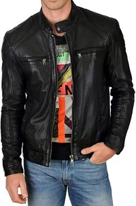 Brand NEW Men Lambskin Real Leather Jacket Slim Fit Biker Motorcycle L MJ2 Coat - Picture 1 of 3